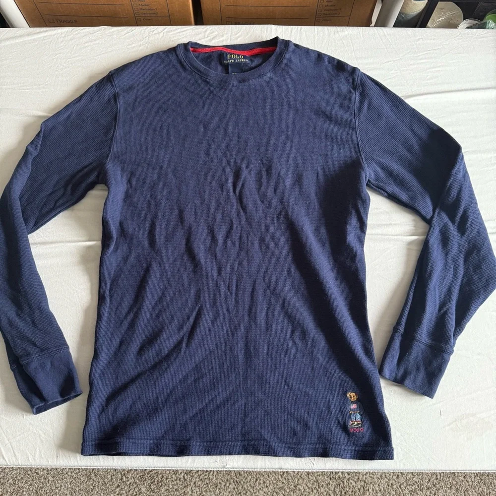 Polo Ralph Lauren Waffle Knit Thermal‎ Mens Medium Blue Embroidered Bear Logo
